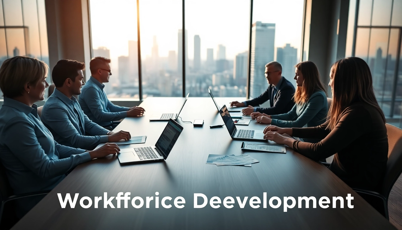 Team collaborating on workforce development strategies in a bright office setting.
