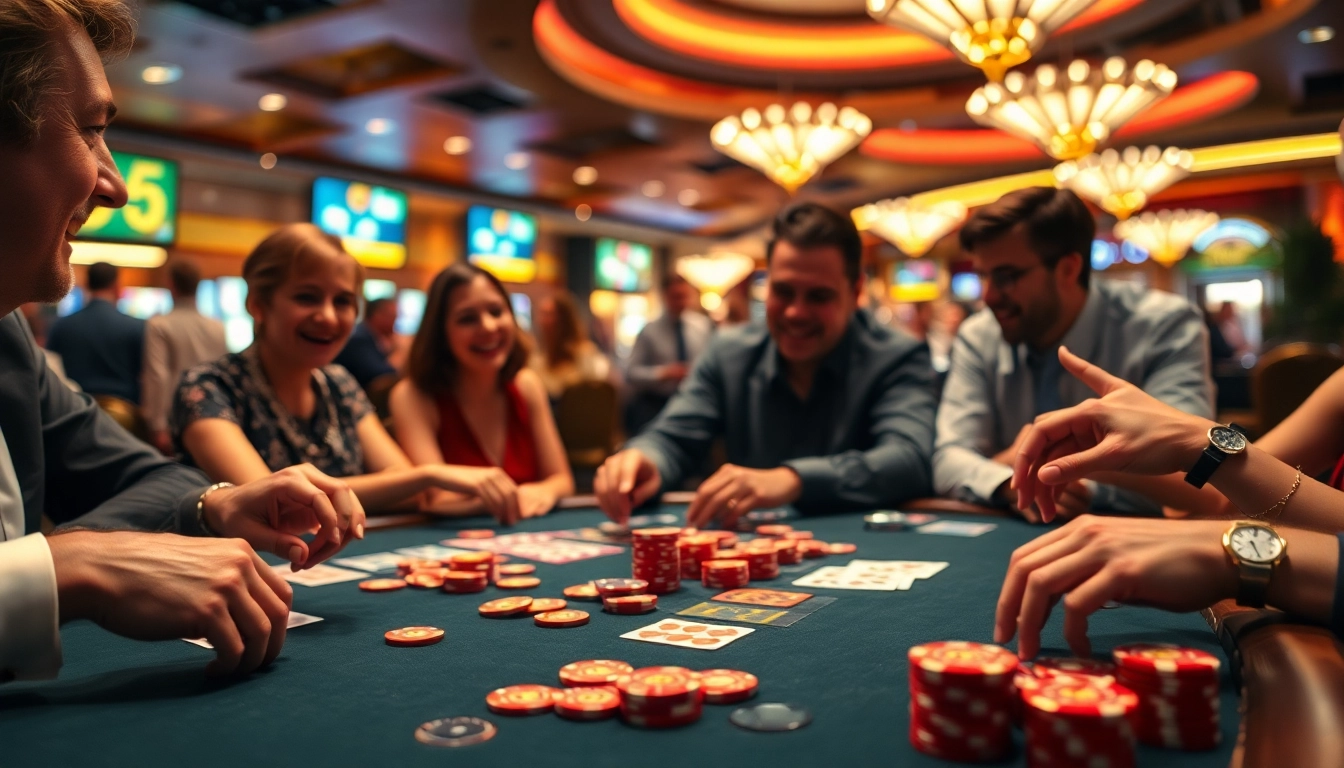 Akses totoplay88 casino gaming table filled with excited players and colorful chips.