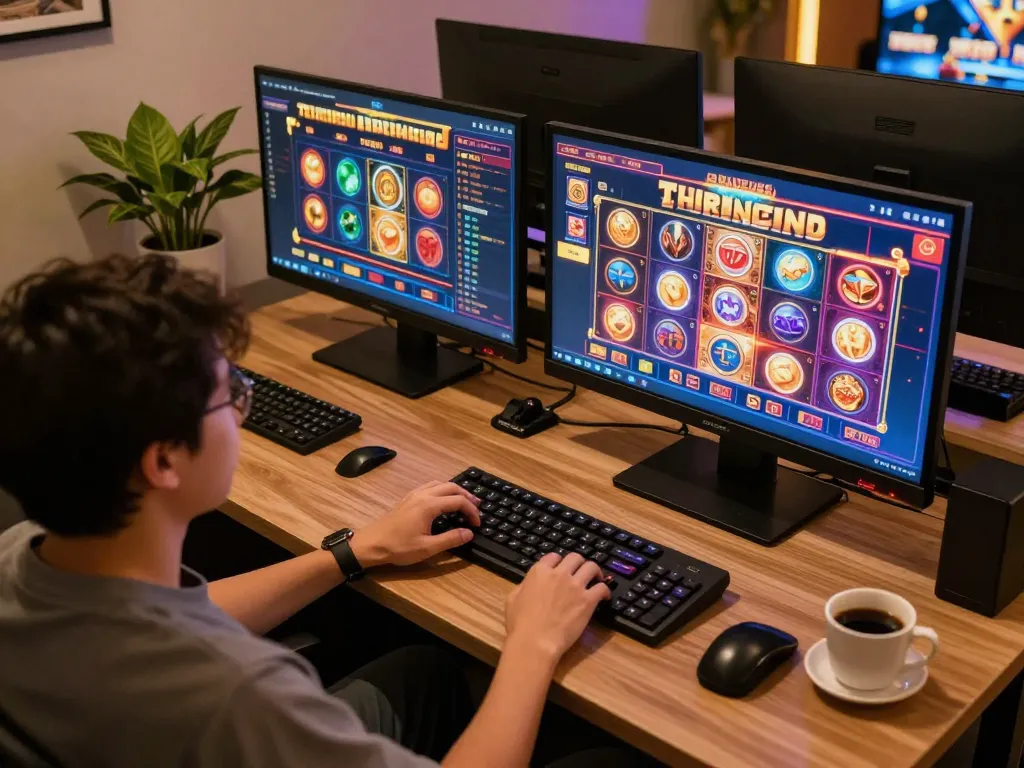 Engaging in thrilling gameplay on slot thailand with vibrant visuals displayed on dual screens in a cozy home setting.