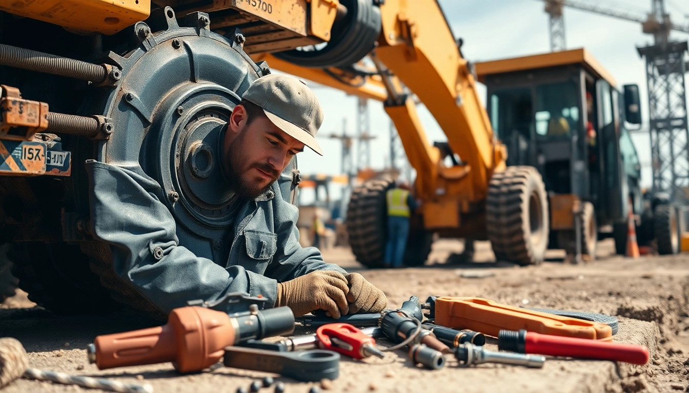 Technician engaged in on-site hydraulic repair at a construction site, ensuring machinery functionality.
