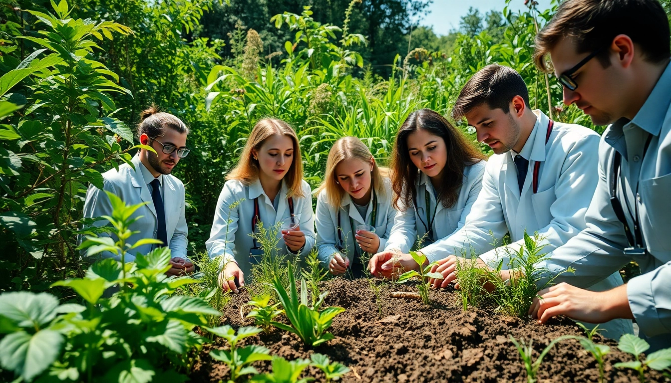CYB Environmental team analyzing samples in a serene landscape for sustainable solutions.