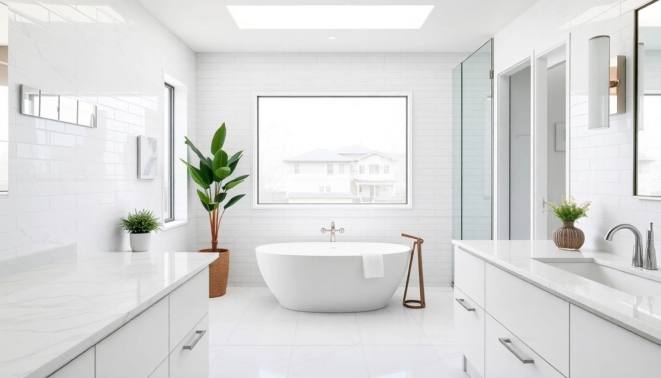 Bathroom builders skillfully remodeling a modern bathroom with elegant features and soothing colors.