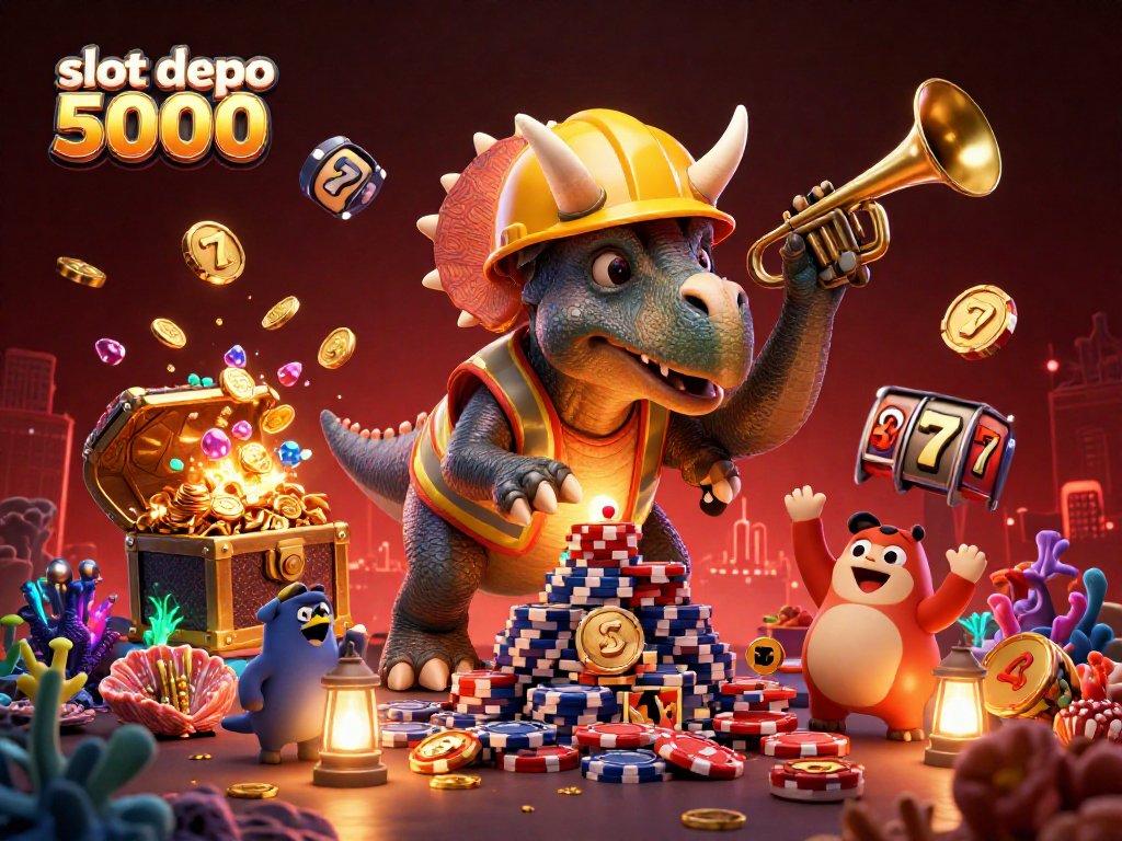 Engage with slot depo 5000 as the triceratops builds a poker chip pyramid, surrounded by vibrant gambling elements.