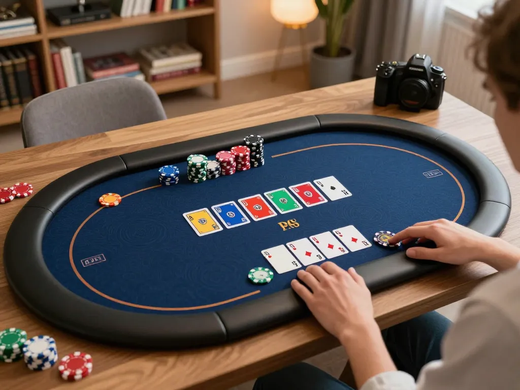 Terlibat dalam IDN Poker melalui tablet, menampilkan antarmuka permainan interaktif dan elemen poker yang cerah di lingkungan rumah yang nyaman