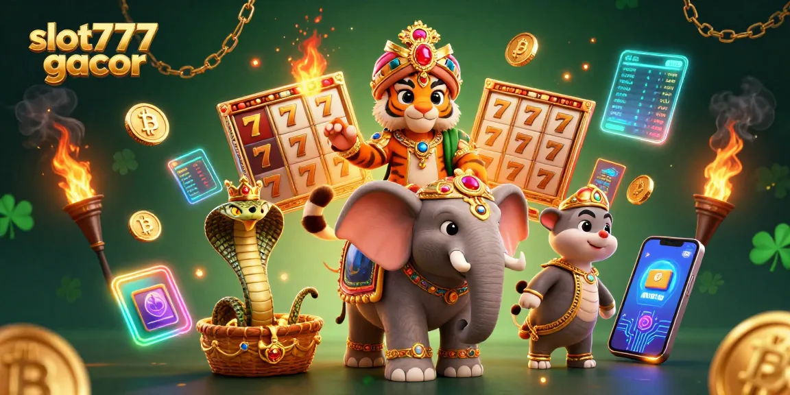 Menangkan slot777 gacor dengan permainan beruntung yang diilustrasikan oleh harimau maharaja dan gajah.