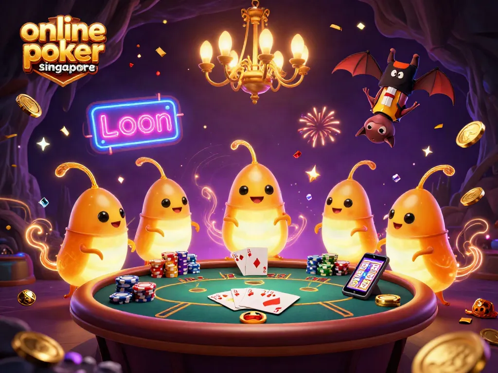 Play online poker Singapore with vibrant glowworms illuminating a lively casino scene.
