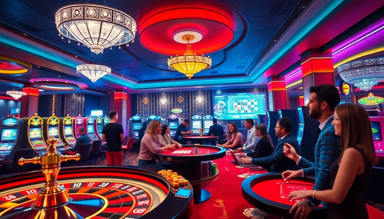 Joueurs engagés dans un extravagant casino en ligne Français 2026 avec des tables vibrantes et une action animée.