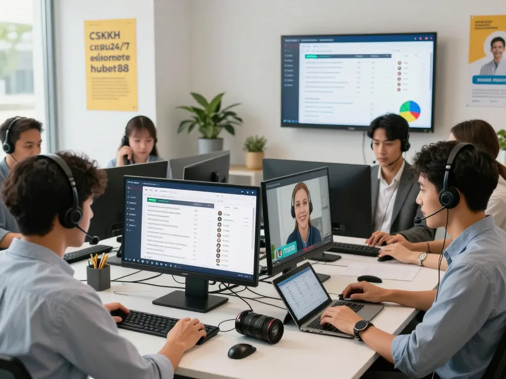 CSKH 24/7 hubet88 customer support team engaging with clients in a vibrant, modern office.