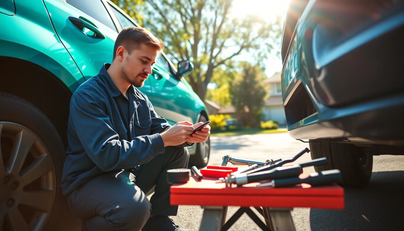 Mobile car repair technician fixing a vehicle outdoors, emphasizing professional efficiency.