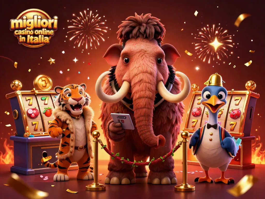I migliori casinò online in Italia mostrano un elefante di peluche mentre controlla i documenti di un ospite VIP con decorazioni festive.