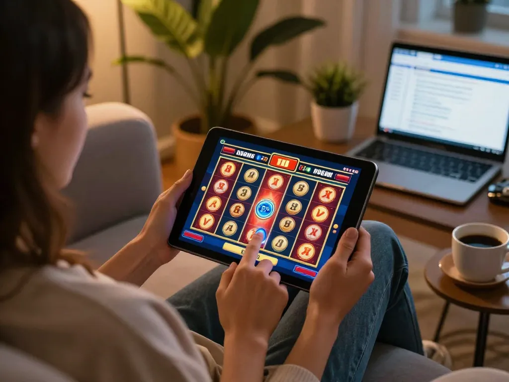 Engaged player enjoying a slot online game on a tablet in a cozy living room setting