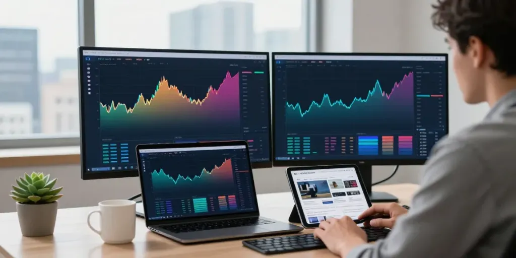 Trader using TradingView on dual monitors with financial charts.
