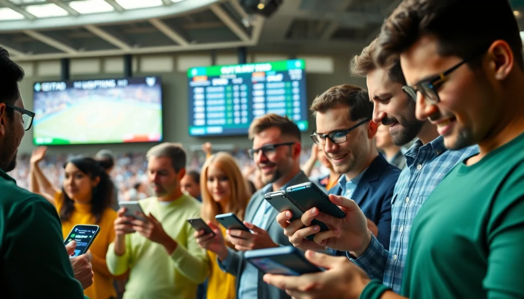 Engaged bettors analyzing odds at the best sportsbooks in Brazil, highlighting vibrant energy.