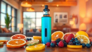 Elfbar Vape-Gerät stilvoll präsentiert mit frischen Obstscheiben auf einem Tisch.