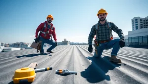 Showcasing expert roofers providing reliable commercial roofing services on a modern building.