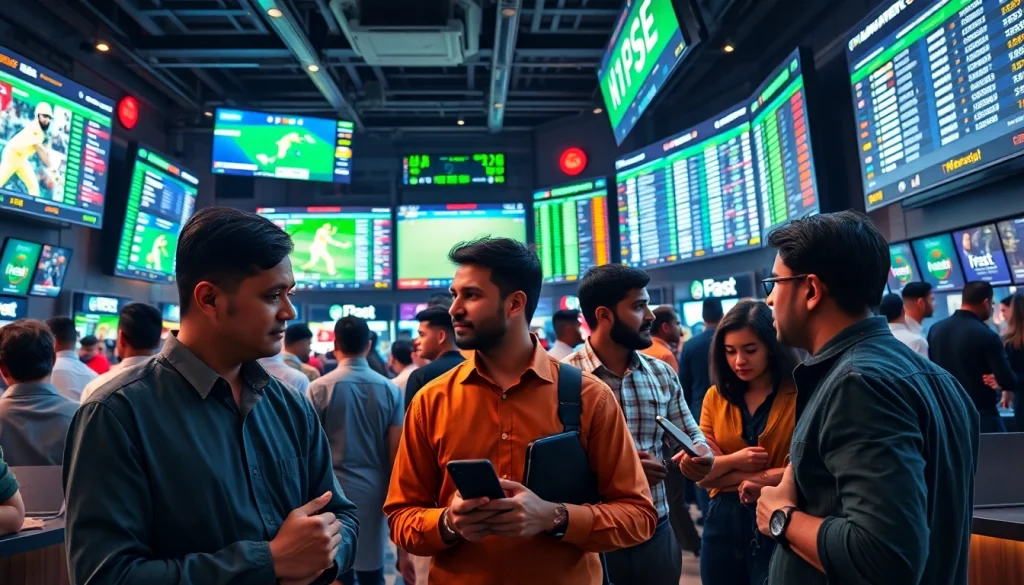 Engaging scene of bettors using the best online sportsbooks India with digital screens and lively atmosphere.