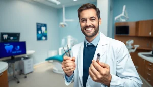 Dentist demonstrating expertise in a warm, inviting dental clinic.