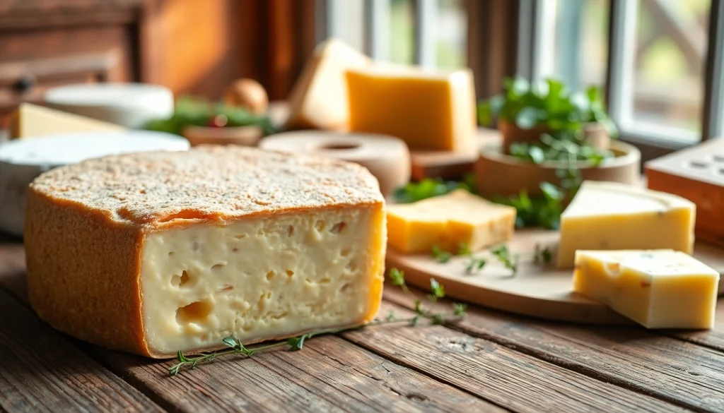 Het tonen van een kaasdoek naast verschillende soorten kaas en kruiden op een houten tafel.