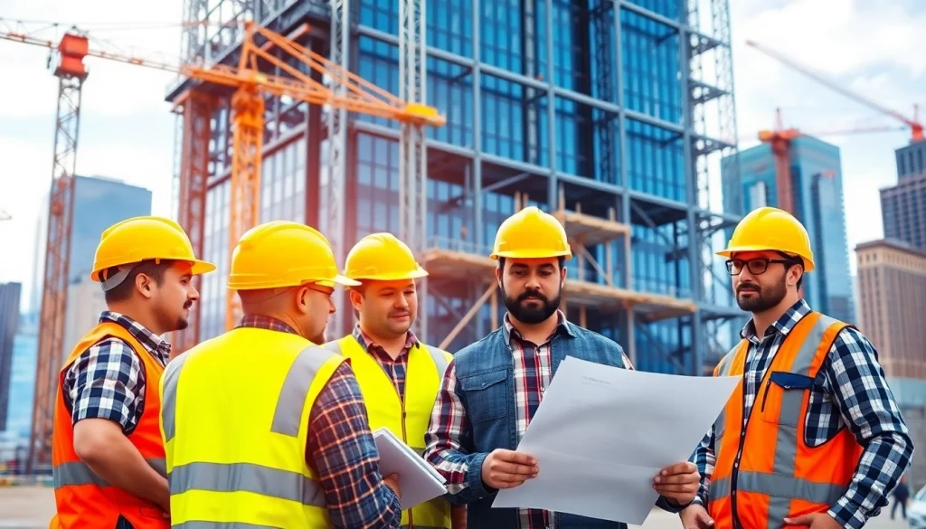 New York Commercial General Contractor team discussing project plans in a vibrant construction setting.