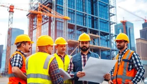 New York Commercial General Contractor team discussing project plans in a vibrant construction setting.