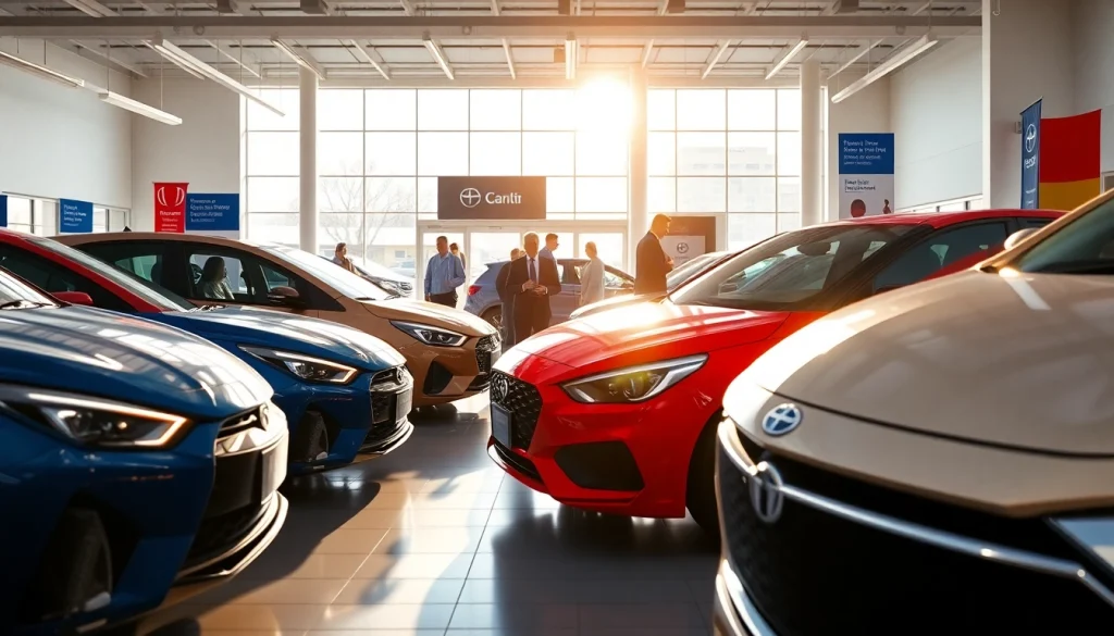 Buy a car in a vibrant dealership with diverse vehicles and welcoming atmosphere.