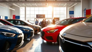 Buy a car in a vibrant dealership with diverse vehicles and welcoming atmosphere.