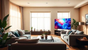 Watch vibrant content on an iron tv in a modern living room setting with cozy decor.