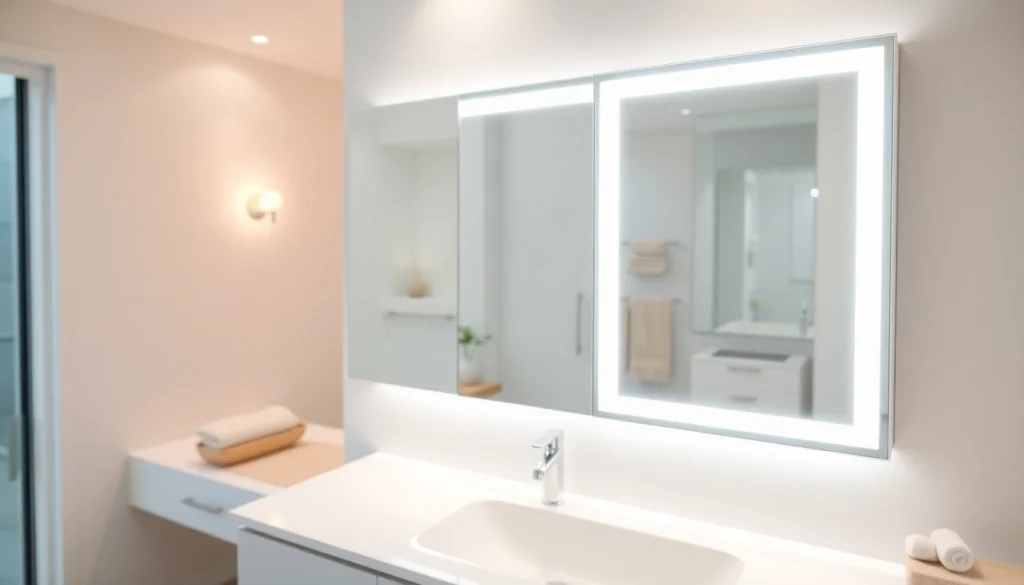 Spiegelschrank mit LED Beleuchtung im modernen Badezimmer, elegant mit funktionalem Design.