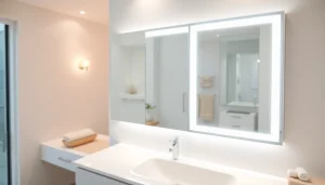 Spiegelschrank mit LED Beleuchtung im modernen Badezimmer, elegant mit funktionalem Design.