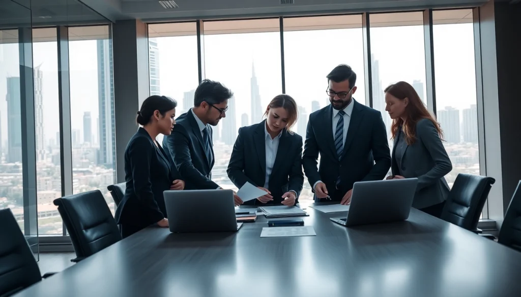 Business Consultants in Dubai collaborating in a modern office setting with city skyline view.
