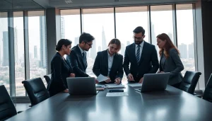 Business Consultants in Dubai collaborating in a modern office setting with city skyline view.