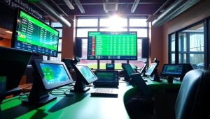 Engaging visual of sportsbooks in Canada with advanced betting devices and vibrant atmosphere.