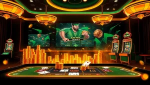 Engaging scene of an online gambling platform featuring đá gà 6789 net with vibrant gaming tables and slot machines.