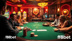 f8bet players enjoying a high-stakes poker game at a luxurious casino table with chips and cards.