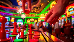 Menjatuhkan disk pada plinko demo yang berwarna-warni di kasino yang ramai.