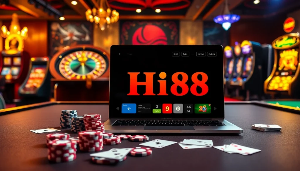 Win big at Hi88 with a stunning online casino featuring elegant tables and vibrant gaming elements.