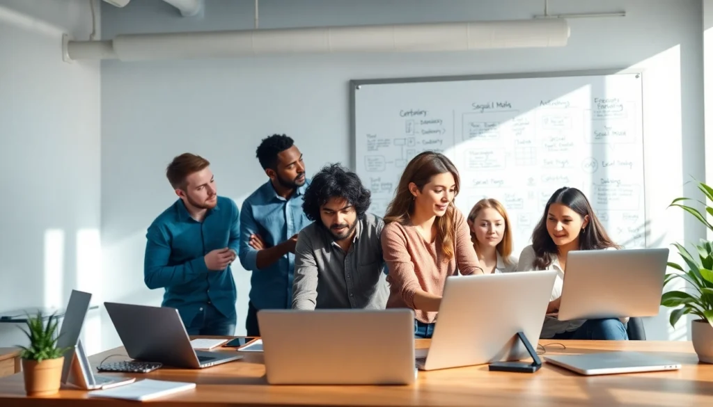 Social media agency team collaborating on marketing strategies in a modern office.