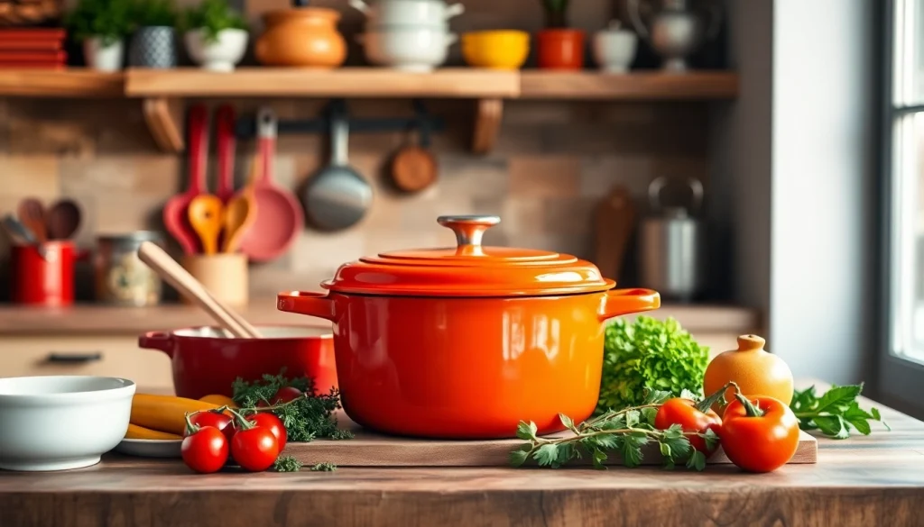 Find where to buy Le Creuset in NZ with vibrant cookware displayed in a modern kitchen.