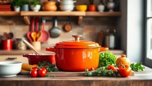 Find where to buy Le Creuset in NZ with vibrant cookware displayed in a modern kitchen.