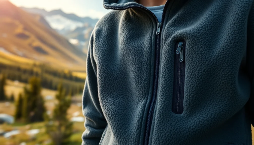 Fleece jas met unieke texturen in een buitenomgeving, omringd door natuur.