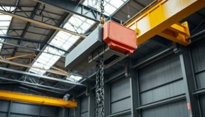 Electric chain hoist crane lifting heavy loads in an industrial warehouse setting.
