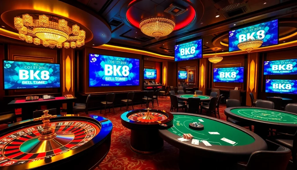 Access the BK8 login interface in an elegant casino setting, featuring gaming tables and luxurious decor.