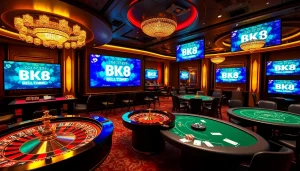 Access the BK8 login interface in an elegant casino setting, featuring gaming tables and luxurious decor.