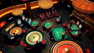 Experience the thrill of gambling at s88a.io with a vibrant casino scene featuring excited players and luxurious tables.
