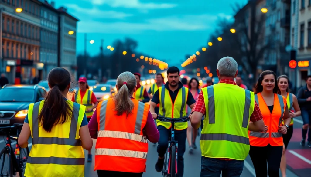Įvairių žmonių grupė dėvi atsvaitinės liemenes miesto aplinkoje, pabrėždama saugumą ir matomumą lauko veiklose.