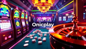 Experience thrill and excitement at Onicplay with neon-lit slot machines and vibrant poker chips.