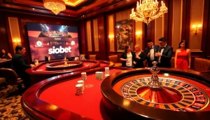 Engaging sbobet online gambling scene with poker chips, roulette wheel, and vibrant casino atmosphere.