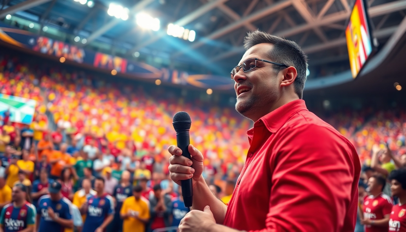 Engaging sports broadcasting commentary in a lively stadium filled with fans.