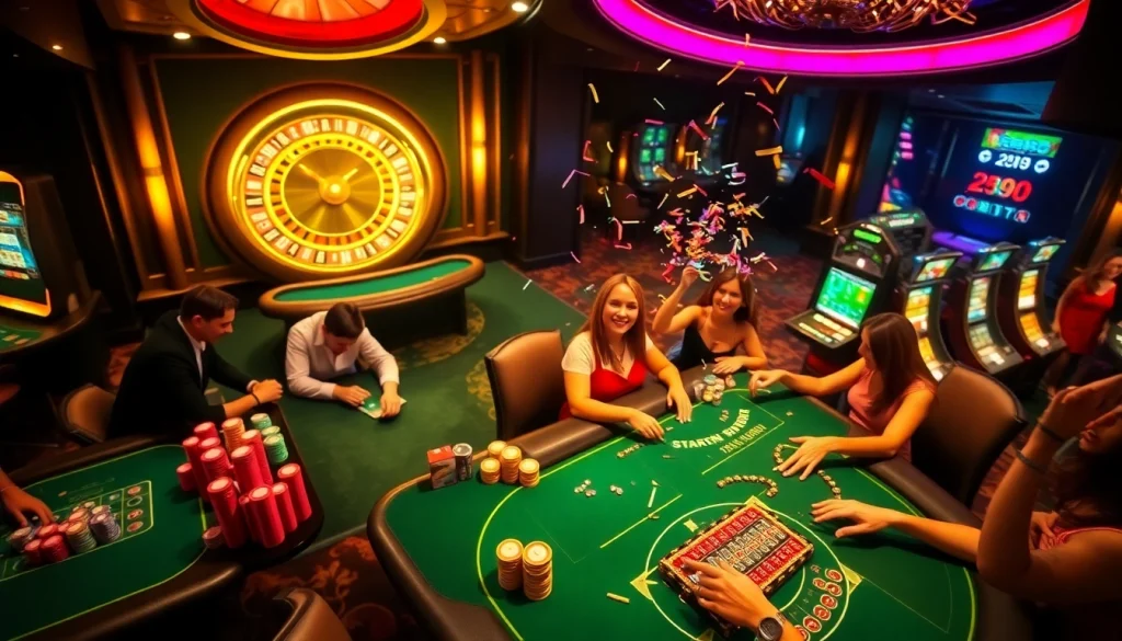A vibrant casino scene featuring players at poker tables and colorful chips, highlighting the gg88bz excitement.
