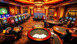 S88A.io provides an engaging casino experience with vibrant slot machines and an inviting poker table.